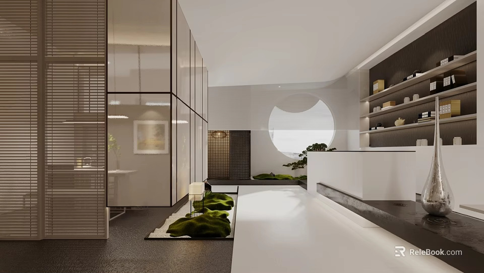 Modern Tea House Interior Featuring Open Space Circular Window Green Plants Shelves With Tea Sets 3d model 