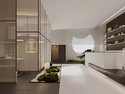 Modern Tea House Interior Featuring Open Space Circular Window Green Plants Shelves With Tea Sets 3d model