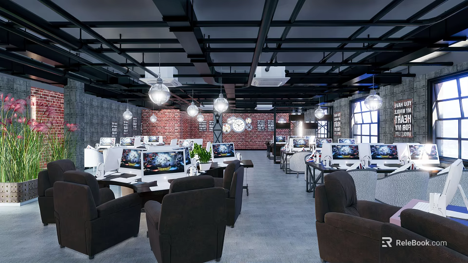 Modern Industrial Internet Cafe With Comfortable Seats High Performance Computers And Bright Lighting 3d model 