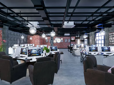 Modern Industrial Internet Cafe With Comfortable Seats High Performance Computers And Bright Lighting 3d model
