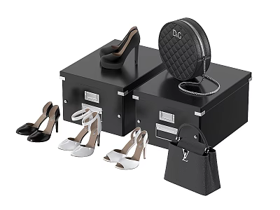 Stylish Women's High Heels with Black Storage Boxes and Designer Handbags 3d model