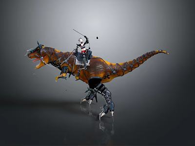 Armored Warrior Riding Mechanical T-Rex With Sharp Claws And Weapon 3d model
