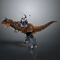 Armored Warrior Riding Mechanical T-Rex With Sharp Claws And Weapon