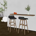 Modern Bar Counter With Black Leather Stools Wooden Top Green Plants And Decorative Oranges