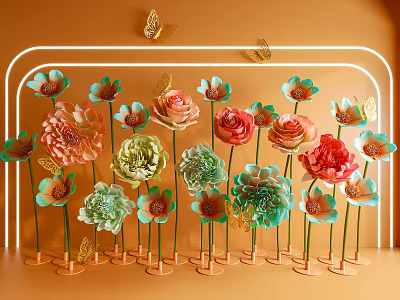 Vibrant Colorful Flower Photo Spot With Neon Frame And Butterfly Decorations On Orange Background 3d model