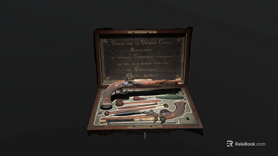 Antique Pistol Set Displayed in Wooden Case with Accessories and Tools 3d model 