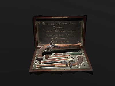 Antique Pistol Set Displayed in Wooden Case with Accessories and Tools 3d model