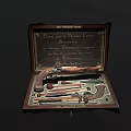 Antique Pistol Set Displayed in Wooden Case with Accessories and Tools