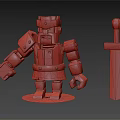 Red And Orange Armored Warrior Character With Gray Helmet And Sword In