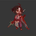 Chibi Character With Green Hair Yellow Eyes Patterned Outfit Holding Weapon On Dark Background
