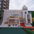 Modern Elevator Corridor In White Building With Slide And Playground Area Near Trees