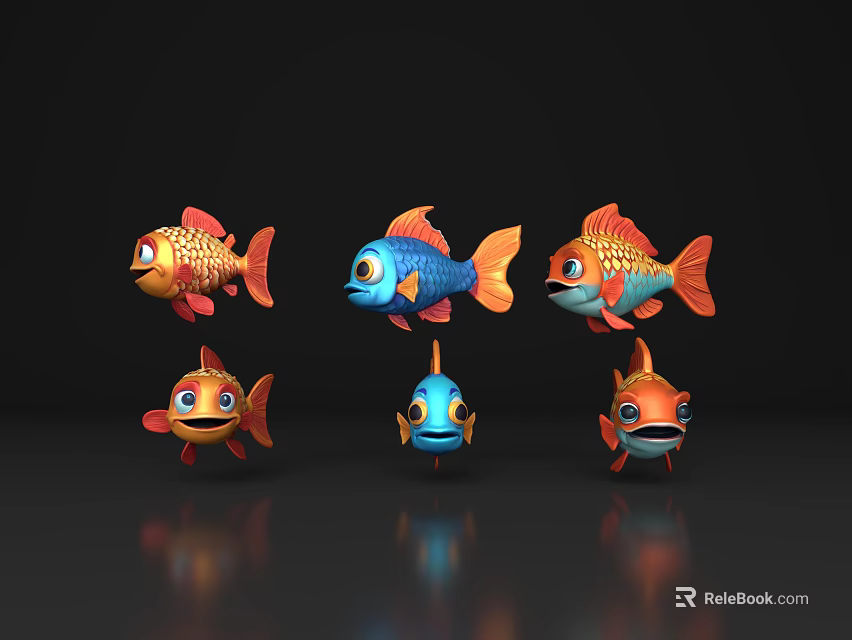 Cute Cartoon Style Orange Blue Fish With Big Eyes Six Arranged Two Rows Reflections 3d model 