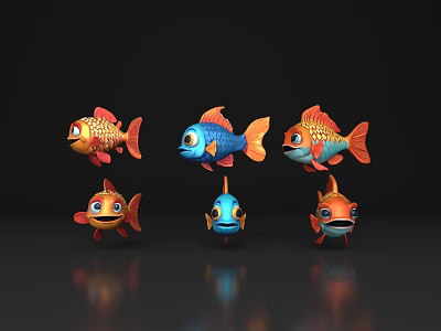 Cute Cartoon Style Orange Blue Fish With Big Eyes Six Arranged Two Rows Reflections 3d model