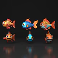 Cute Cartoon Style Orange Blue Fish With Big Eyes Six Arranged Two Rows Reflections