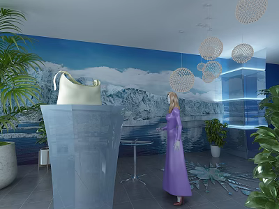 Elegant Fashion Display With White Bag Transparent Stand Blue Wall Green Plants And Hanging Lamps 3d model