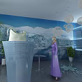 Elegant Fashion Display With White Bag Transparent Stand Blue Wall Green Plants And Hanging Lamps
