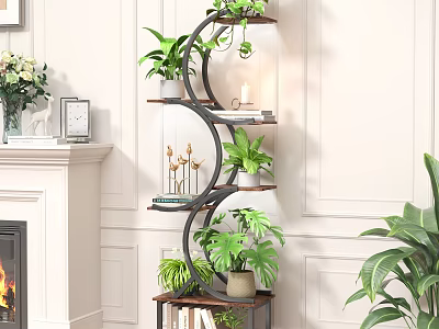 Multi Tiered Indoor Flower Stand with Green Plants and Decorative Accents in Living Room 3d model