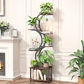 Multi Tiered Indoor Flower Stand with Green Plants and Decorative Accents in Living Room