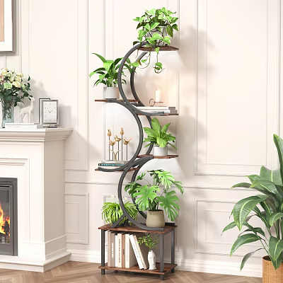 Multi Tiered Indoor Flower Stand with Green Plants and Decorative Accents in Living Room 3d model