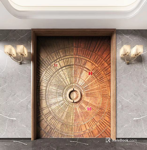 Elegant Wooden Double Doors With Circular Decorative Pattern And Marble Wall Sconces 3d model 