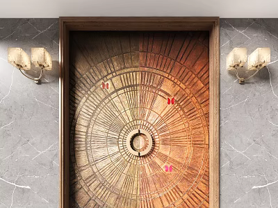 Elegant Wooden Double Doors With Circular Decorative Pattern And Marble Wall Sconces 3d model