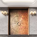 Elegant Wooden Double Doors With Circular Decorative Pattern And Marble Wall Sconces 3d model
