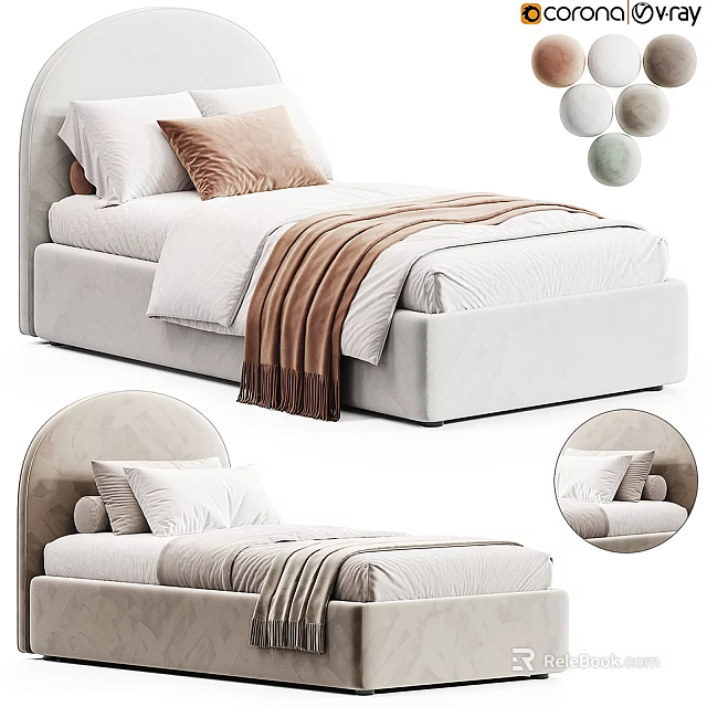 Modern Single Bed With Curved Velvet Headboard White Bedding And Brown Throw Blanket 3d model 