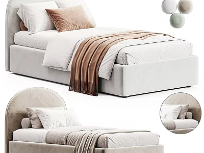 Modern Single Bed With Curved Velvet Headboard White Bedding And Brown Throw Blanket 3d model