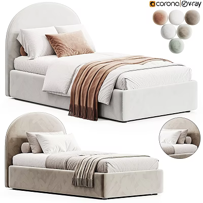 Modern Single Bed With Curved Velvet Headboard White Bedding And Brown Throw Blanket 3d model