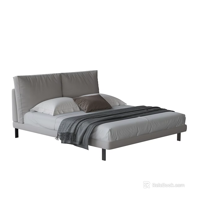 Double Bed with Gray Headboard White Sheets Brown Pillow and Black Legs 3d model