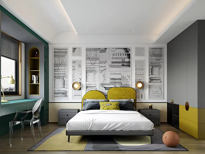 Modern Elegant Bedroom Interior With Green Walls Yellow Headboard Blueprint Wallpaper And Desk 3d model