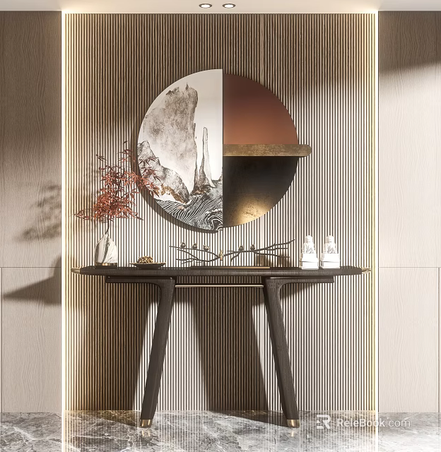 Elegant Console Table with Circular Mountain Water Mirror and Red Branch Vase Decor 3d model