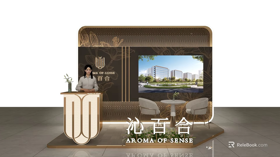 Elegant Luxury Real Estate Sales Office With Exquisite Reception Desk Display Screen And Comfortable Seats 3d model 