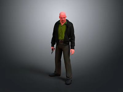 The Bald Man In Black Jacket Green Shirt Black Pants Holding Gun On Gray Background 3d model
