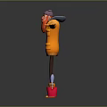 Cartoon Character Wearing Yellow Coat Purple Hat Red Scarf With Arms Outstretched Red Bucket Blue Tool