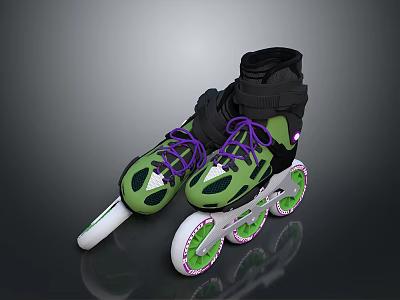 Green And Black Inline Skates With Purple Laces White Wheels And Green Edges 3d model