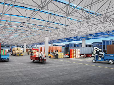 Supermarket Department Store Logistics Warehouse With Cargo Boxes Trucks And Forklifts 3d model