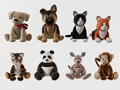 Adorable Stuffed Animal Plush Toys Featuring Puppy Cat Tiger Panda Kangaroo And Monkey Figures 3d model