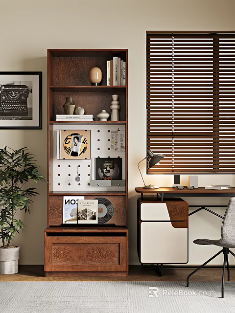 Modern Wooden Bookcase Near Desk With Vinyl Records Photo Frames Decorative Items And Plant 3d model 