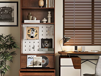 Modern Wooden Bookcase Near Desk With Vinyl Records Photo Frames Decorative Items And Plant 3d model