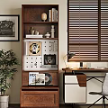 Modern Wooden Bookcase Near Desk With Vinyl Records Photo Frames Decorative Items And Plant