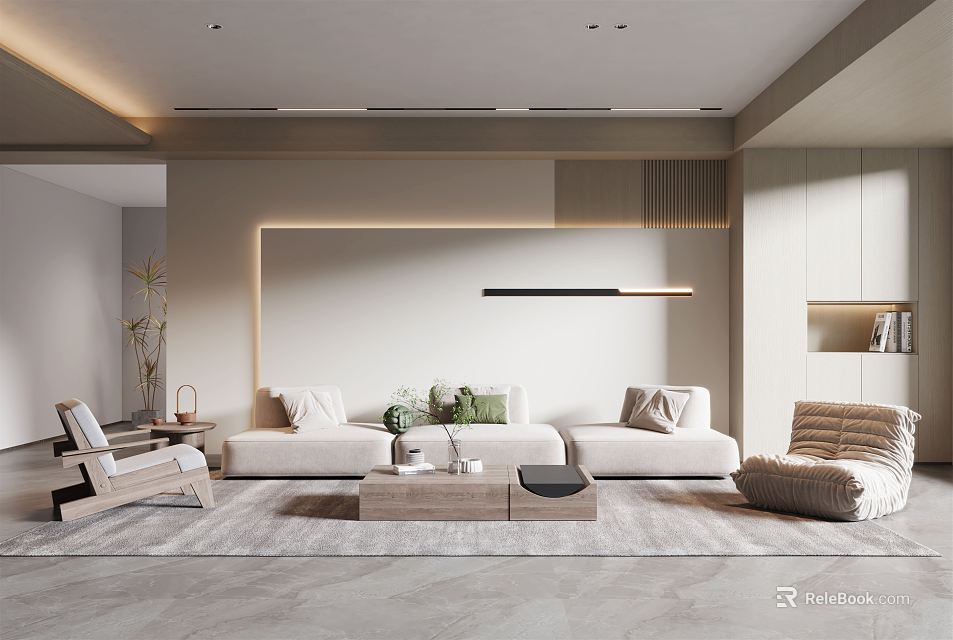 Modern Minimalist Living Room Interior Design With Beige Sofa Wooden Coffee Table Floor Lamp Carpet 3d model 