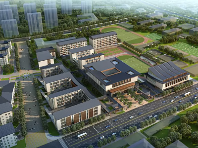 Aerial View Of School Campus Buildings With Greenery Playground And Roads 3d model