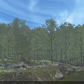 Beautiful Natural Landscape With Lush Green Forest And Bright Blue Sky Over Mossy Rocky Ground