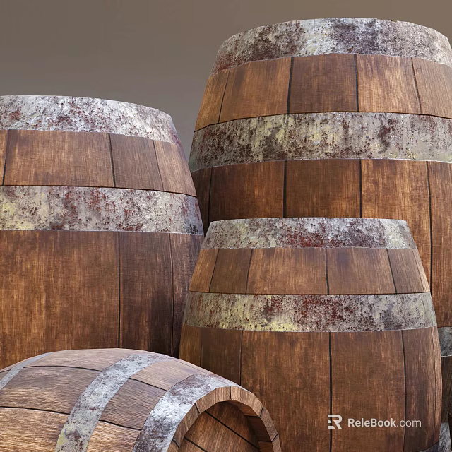 Traditional Wooden Barrels With Rustic Metal Hoops For Home Decoration 3d model 