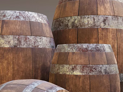 Traditional Wooden Barrels With Rustic Metal Hoops For Home Decoration 3d model