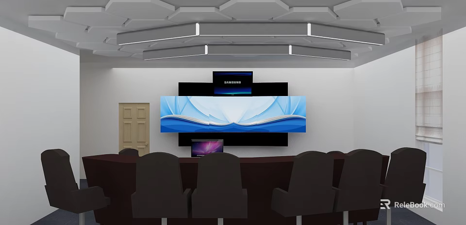 Modern Conference Room With Large Screen Display And Dark Chairs Geometric Ceiling 3d model 