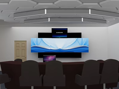 Modern Conference Room With Large Screen Display And Dark Chairs Geometric Ceiling 3d model
