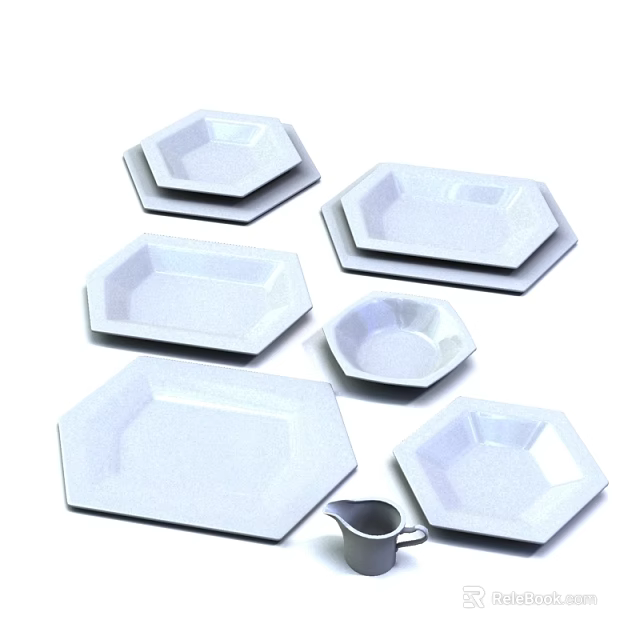 Elegant White Ceramic Hexagonal Dinnerware Set With Plates And Bowls 3d model 