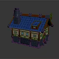 Cartoon Style House With Blue Roof Red Decorations Chimney And Stone Base